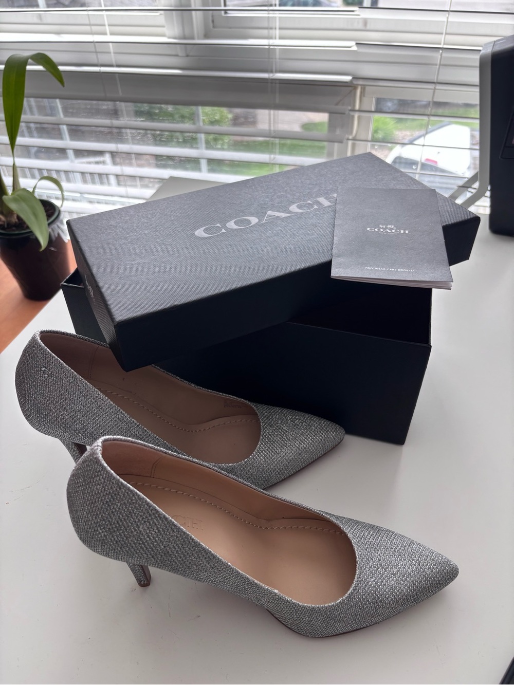COACH Silver Glitter Pointed-Toe Pumps New with Box, Size 8. - Picture 7 of 10